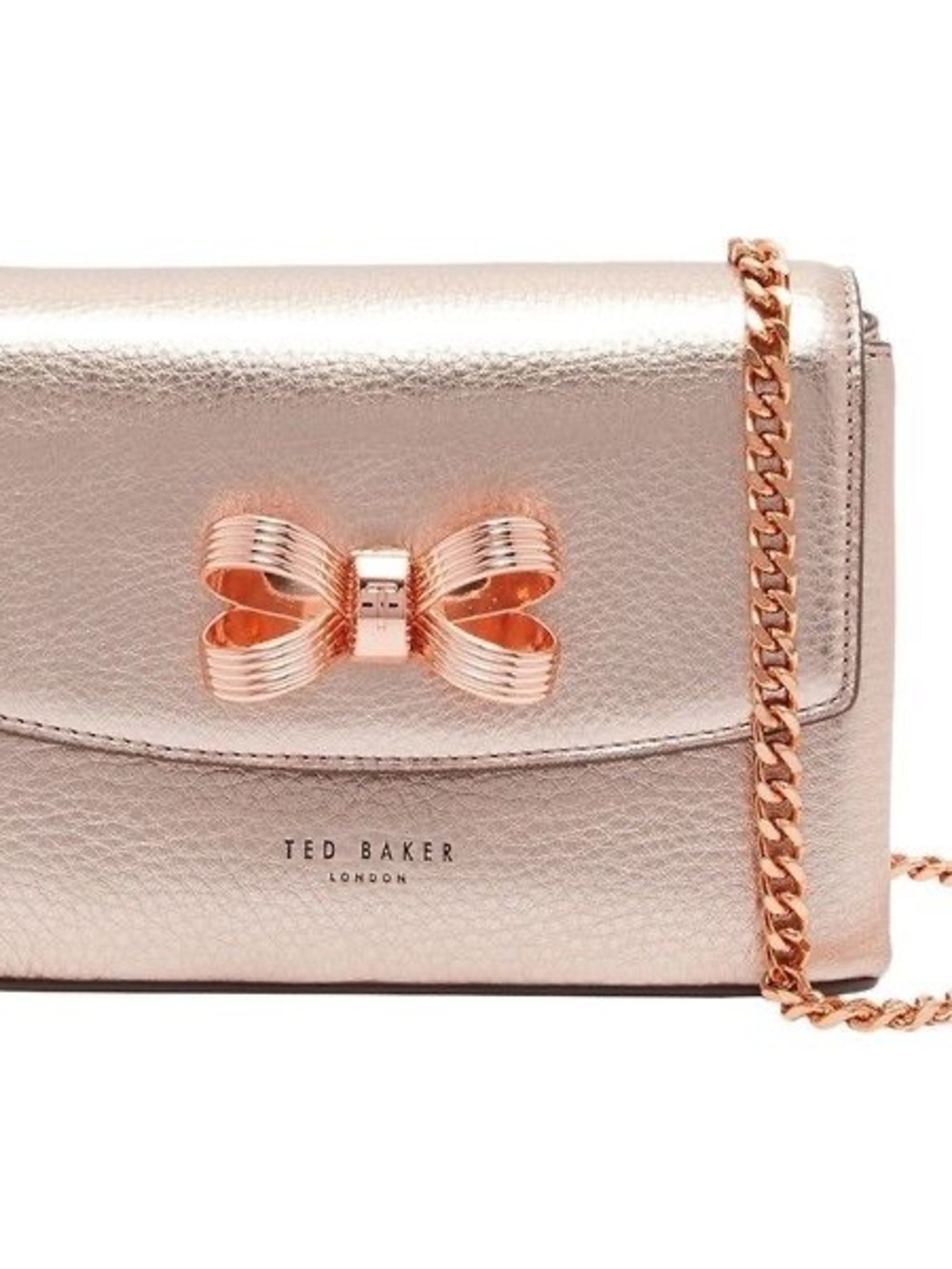 TED BAKER "Pink Metallic Looped Bow" Clutch Bag Crossbody Rose Gold